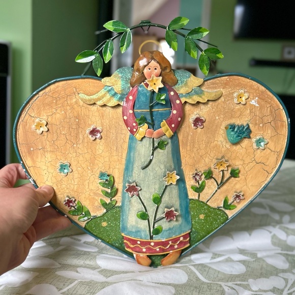 VTG Cottagecore Heart Shaped Garden Angel Farmhouse Metal Colorful Wall Art - Picture 9 of 9